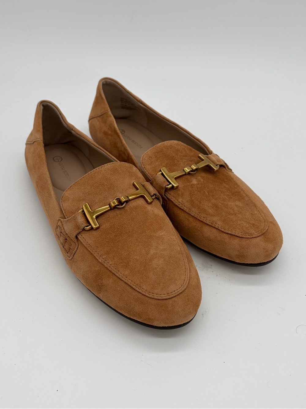 Giani Bernini Suede Camel Loafers with Gold Horsebit